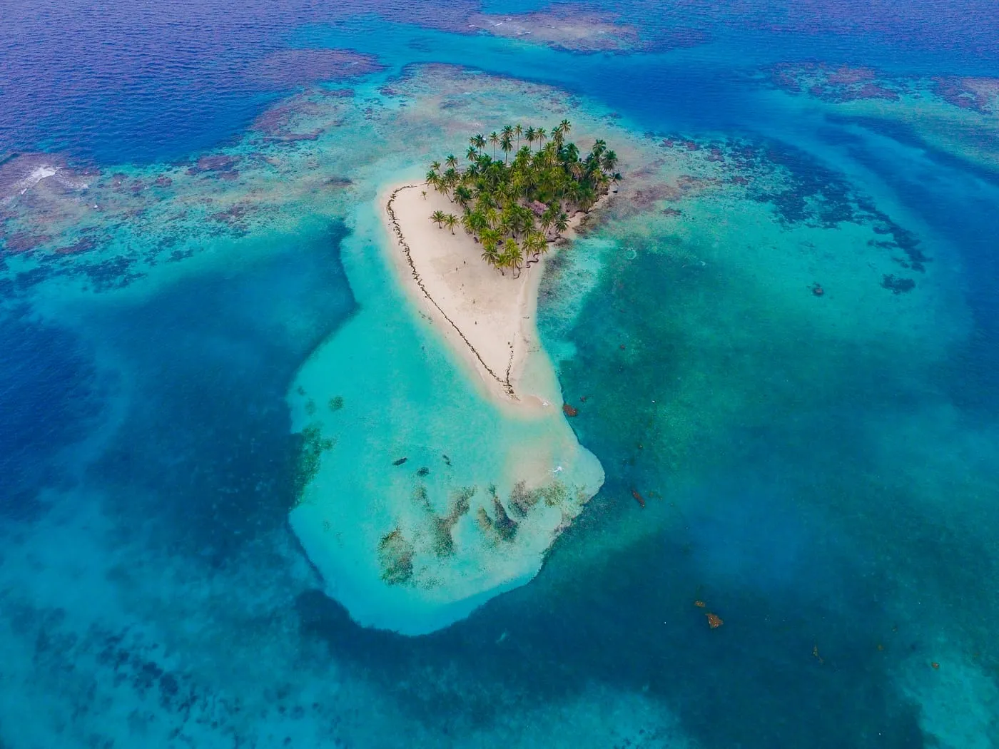 Aerial view of a white sandbar and a palm-covered islet surrounded by turquoise reef in Guna Yala