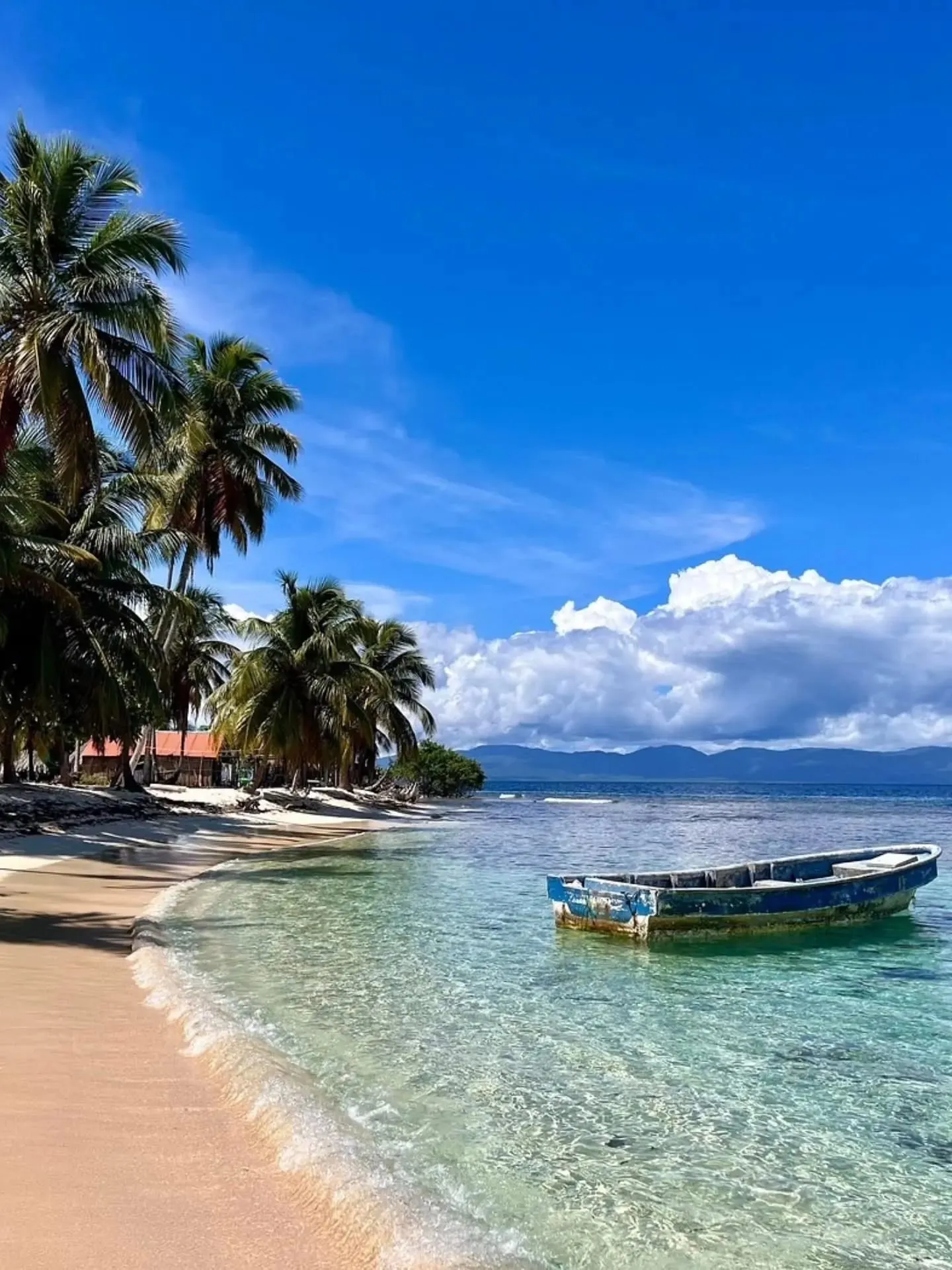 A traditional boat pulled up on a calm beach lined with palms in Guna Yala
